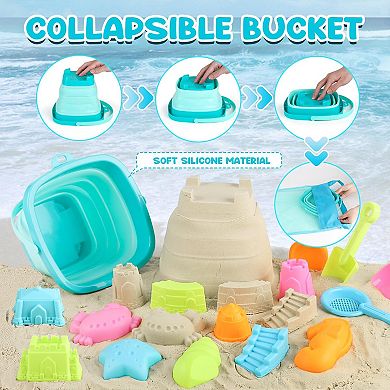 28-piece Beach Toys Collapsible Sand Buckets Molds Shovels Mesh Bag