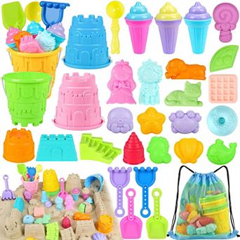 34 pc Beach Sand Castle Toys Bucket Shovel Set Mesh Bag