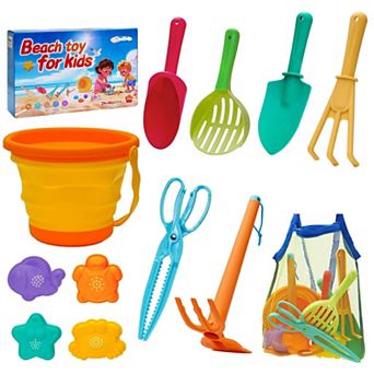 Beach Sand Toys Set Mesh Bag Bucket Shovel Rake Mold Kit