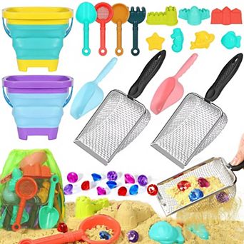 19 pc Beach Sand Toys Collapsible Bucket Sifter Shovel Castle Molds Mesh Bag