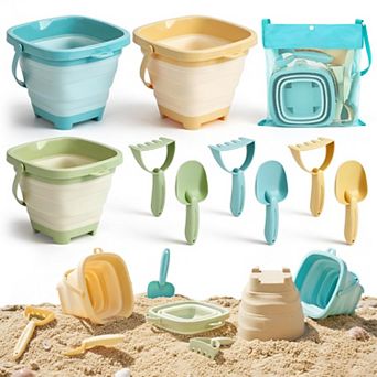 Beach Toys Collapsible Sand Buckets Shovels Rakes Mesh Bag Sandcastle Kit