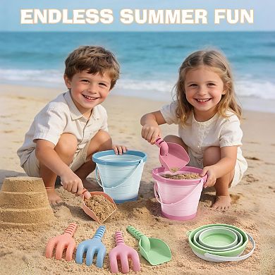 Beach Sand Buckets Shovels Rakes Mesh Bag Sandcastle Kit