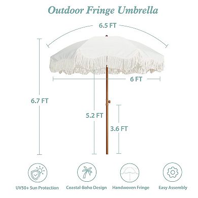 6.5ft Boho Fringe Patio Umbrella Tassels Tilt Steel Pole