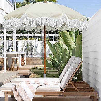 6.5ft Boho Fringe Patio Umbrella Tassels Tilt Steel Pole
