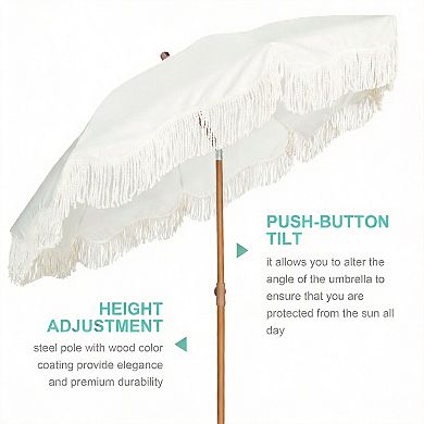 6.5ft Boho Fringe Patio Umbrella Tassels Tilt Steel Pole