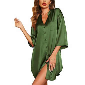 Women Satin Nightgown Silk Sleepwear 3/4 Sleeve V-neck Sleepshirt Pockets