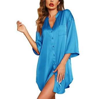 Women Satin Nightgown Silk Sleepwear 3/4 Sleeve V-neck Sleepshirt Pockets