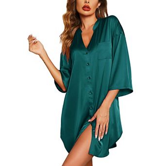 Women Satin Nightgown Silk Sleepwear 3/4 Sleeve V-neck Sleepshirt Pockets