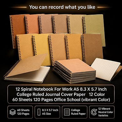 12 Pack A5 Spiral Notebooks College Ruled 120 Pages Thick Cover Smooth Writing For Work School