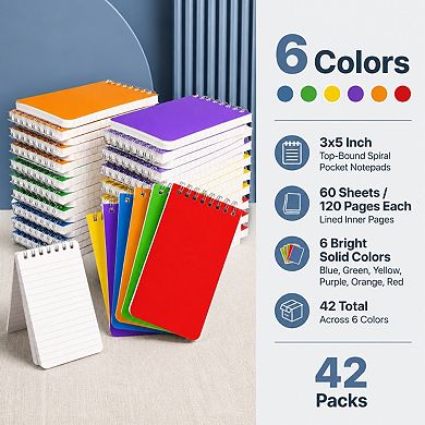 3x5 Inch Pocket Spiral Notepads Bulk 42 Packs 6 Colored 60 Sheets 80gsm