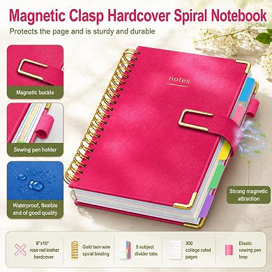 Leather Hardcover Spiral Notebook College Ruled 300 Pages Magnetic Closure Journal