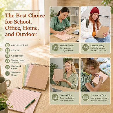 6 Pack Morandi Spiral Notebooks College Ruled Waterproof Covers Perforated Paper For School Office