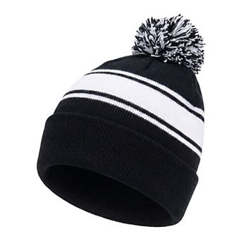 Winter Beanie with Pom-Pom Color Block Jacquard Soft Warm Stretchy Hat for Sport Travel