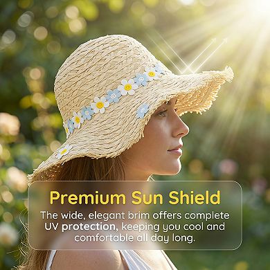 Women's Flowers Straw Hat, Packable Sun Protection