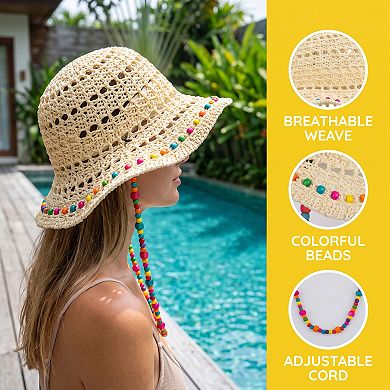 Women's Colorful Wooden Bead Straw Hat, Packable Beach Hat Bucket Hats