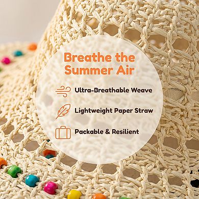 Women's Colorful Wooden Bead Straw Hat, Packable Beach Hat Bucket Hats