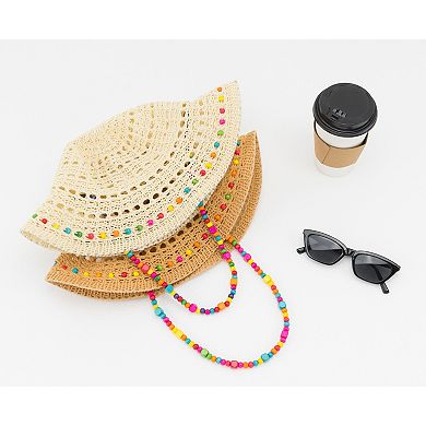 Women's Colorful Wooden Bead Straw Hat, Packable Beach Hat Bucket Hats