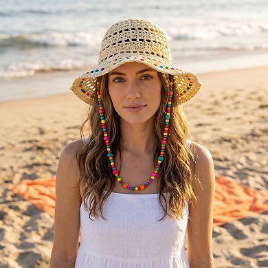 Women's Colorful Wooden Bead Straw Hat, Packable Beach Hat Bucket Hats