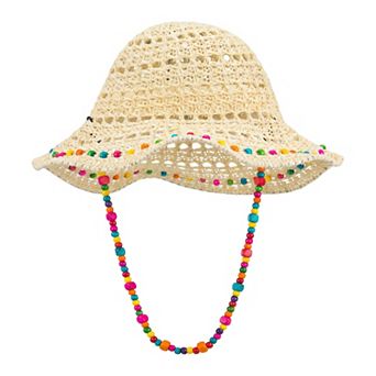 Women's Colorful Wooden Bead Straw Hat, Packable Beach Hat Bucket Hats