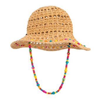 Women's Colorful Wooden Bead Straw Hat, Packable Beach Hat Bucket Hats