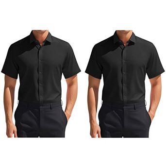 2 Packs Men's Short Sleeve Stretchy Lightweight Solid Color Formal Button Down Dress Shirt