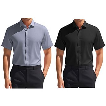 2 Packs Men's Short Sleeve Stretchy Lightweight Solid Color Formal Button Down Dress Shirt