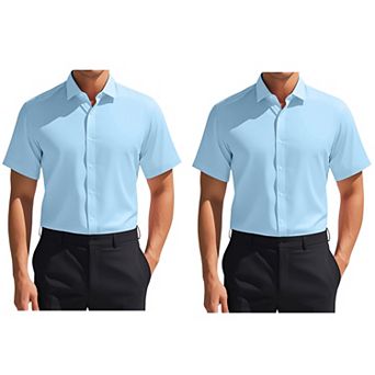 2 Packs Men's Short Sleeve Stretchy Lightweight Solid Color Formal Button Down Dress Shirt