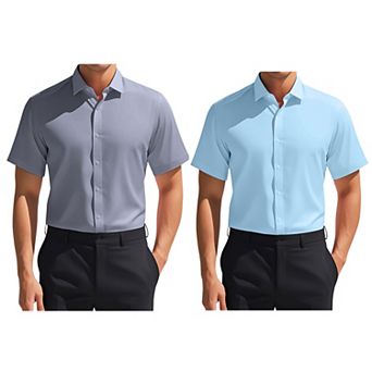 2 Packs Men's Short Sleeve Stretchy Lightweight Solid Color Formal Button Down Dress Shirt