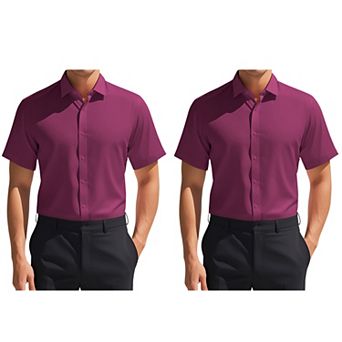 2 Packs Men's Short Sleeve Stretchy Lightweight Solid Color Formal Button Down Dress Shirt