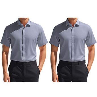 2 Packs Men's Short Sleeve Stretchy Lightweight Solid Color Formal Button Down Dress Shirt