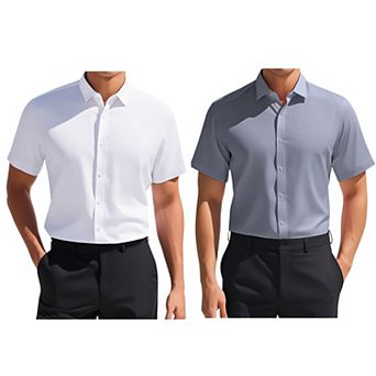 2 Packs Men's Short Sleeve Stretchy Lightweight Solid Color Formal Button Down Dress Shirt