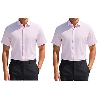 2 Packs Men's Short Sleeve Stretchy Lightweight Solid Color Formal Button Down Dress Shirt