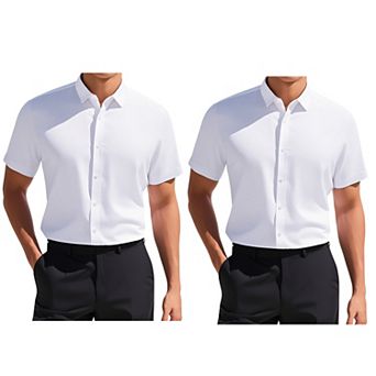 2 Packs Men's Short Sleeve Stretchy Lightweight Solid Color Formal Button Down Dress Shirt