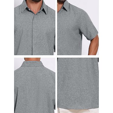 2 Packs Men's Solid Dress Shirts Summer Short Sleeve Button Down Linen Shirt