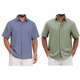 2 Packs Men's Solid Dress Shirts Summer Short Sleeve Button Down Linen Shirt