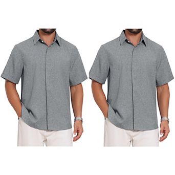 2 Packs Men's Solid Dress Shirts Summer Short Sleeve Button Down Linen Shirt