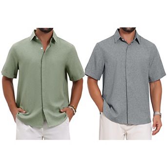 2 Packs Men's Solid Dress Shirts Summer Short Sleeve Button Down Linen Shirt
