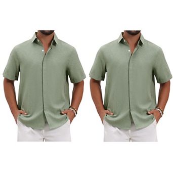 2 Packs Men's Solid Dress Shirts Summer Short Sleeve Button Down Linen Shirt