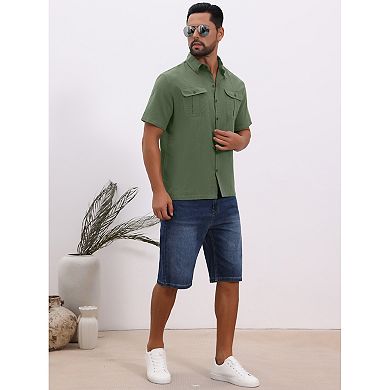 2 Packs Men's Solid Dress Shirts Short Sleeve Button Down Chest Pockets Linen Shirt