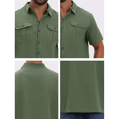 2 Packs Men's Solid Dress Shirts Short Sleeve Button Down Chest Pockets Linen Shirt