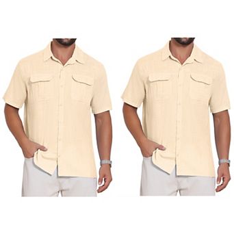 2 Packs Men's Solid Dress Shirts Short Sleeve Button Down Chest Pockets Linen Shirt