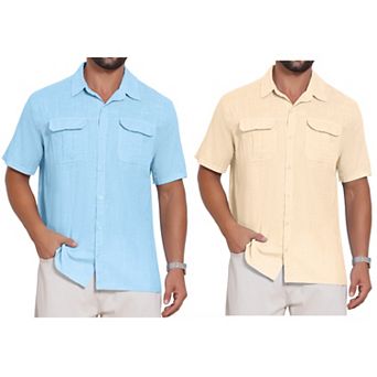 2 Packs Men's Solid Dress Shirts Short Sleeve Button Down Chest Pockets Linen Shirt