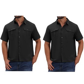 2 Packs Men's Solid Dress Shirts Short Sleeve Button Down Chest Pockets Linen Shirt