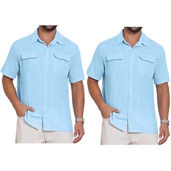 2 Packs Men's Solid Dress Shirts Short Sleeve Button Down Chest Pockets Linen Shirt