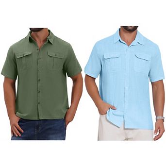2 Packs Men's Solid Dress Shirts Short Sleeve Button Down Chest Pockets Linen Shirt