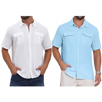 2 Packs Men's Solid Dress Shirts Short Sleeve Button Down Chest Pockets Linen Shirt
