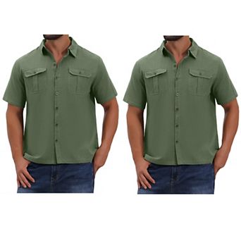 2 Packs Men's Solid Dress Shirts Short Sleeve Button Down Chest Pockets Linen Shirt