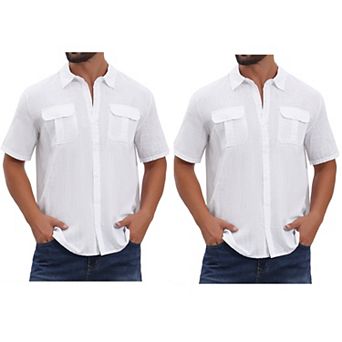 2 Packs Men's Solid Dress Shirts Short Sleeve Button Down Chest Pockets Linen Shirt