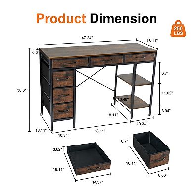 YIORTWO 47 Inch Computer Desk with 6 Fabric Drawers and Adjustable Storage Shelves