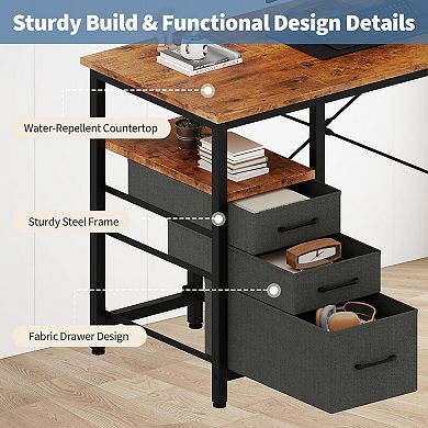 YIORTWO 40 Inch Computer Desk with 3 Drawers Side Storage Bag for Home Office